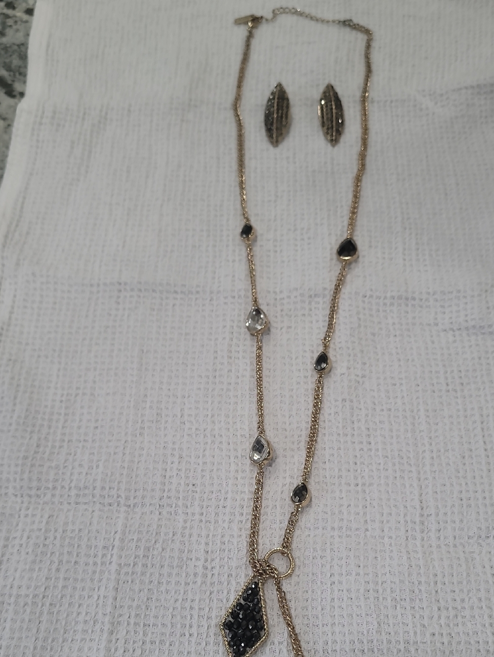 Cookie Lee Gold-Tone Necklace and Earring Set with Black and Clear Stones